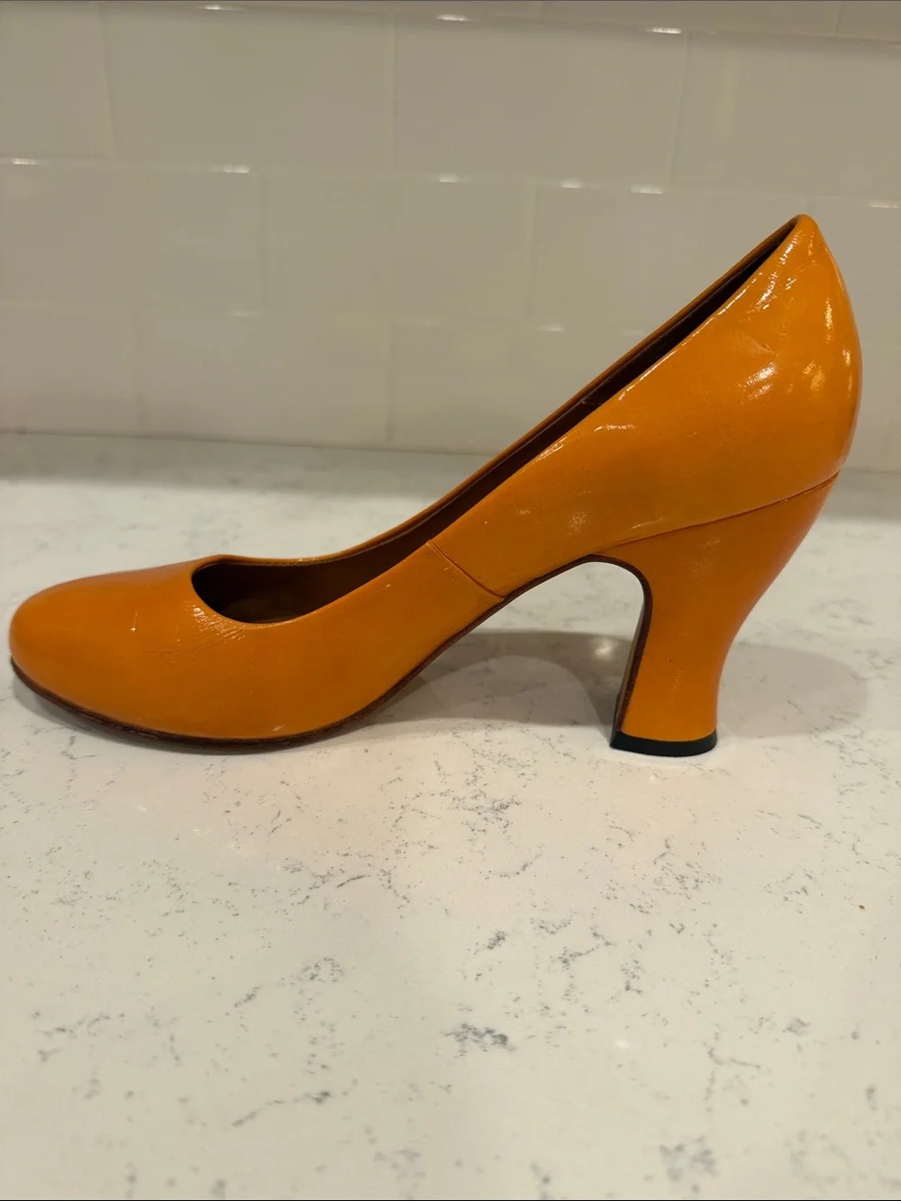 John Fluevog Patent Orange Round-Toe Block Heel Pumps Size 8.5 Dopamine Dressing